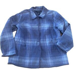 Denim & Co. Plaid Snap Jacket Large 100% Cotton Blue & Gray Womens Flannel Coat